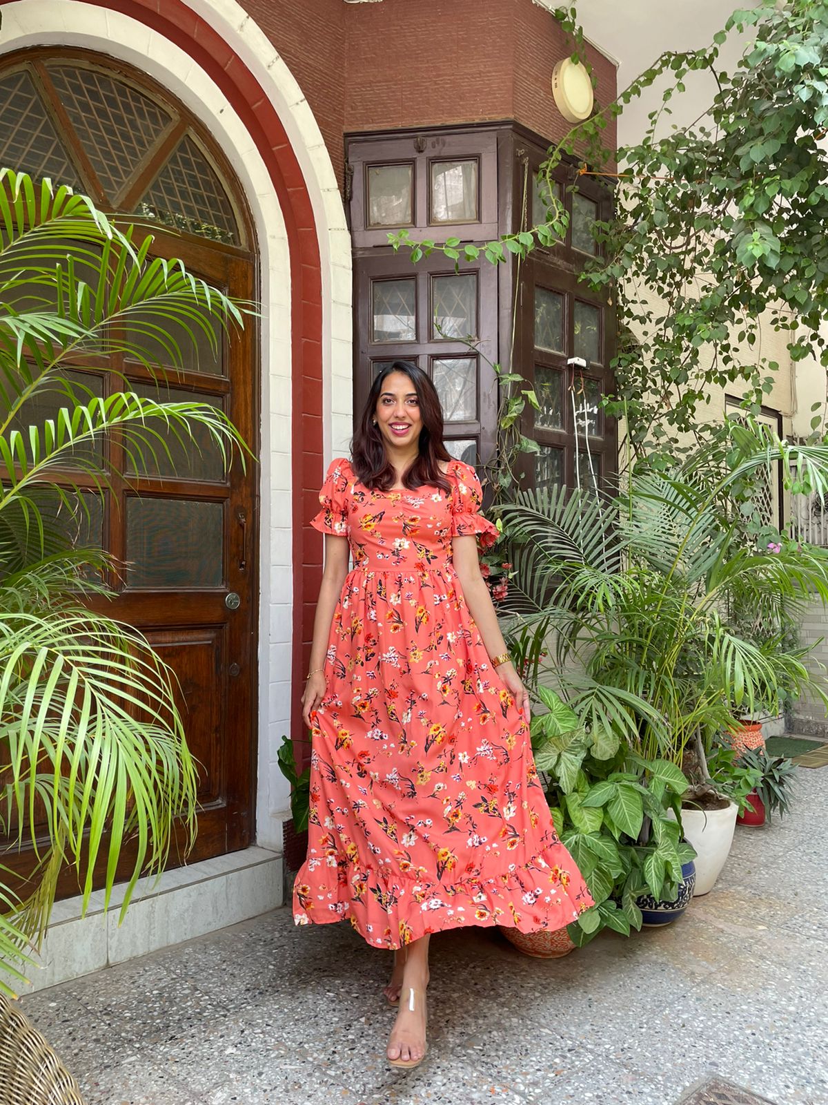 Floral Puffed Maxi Dress- Orange – The Wink Label