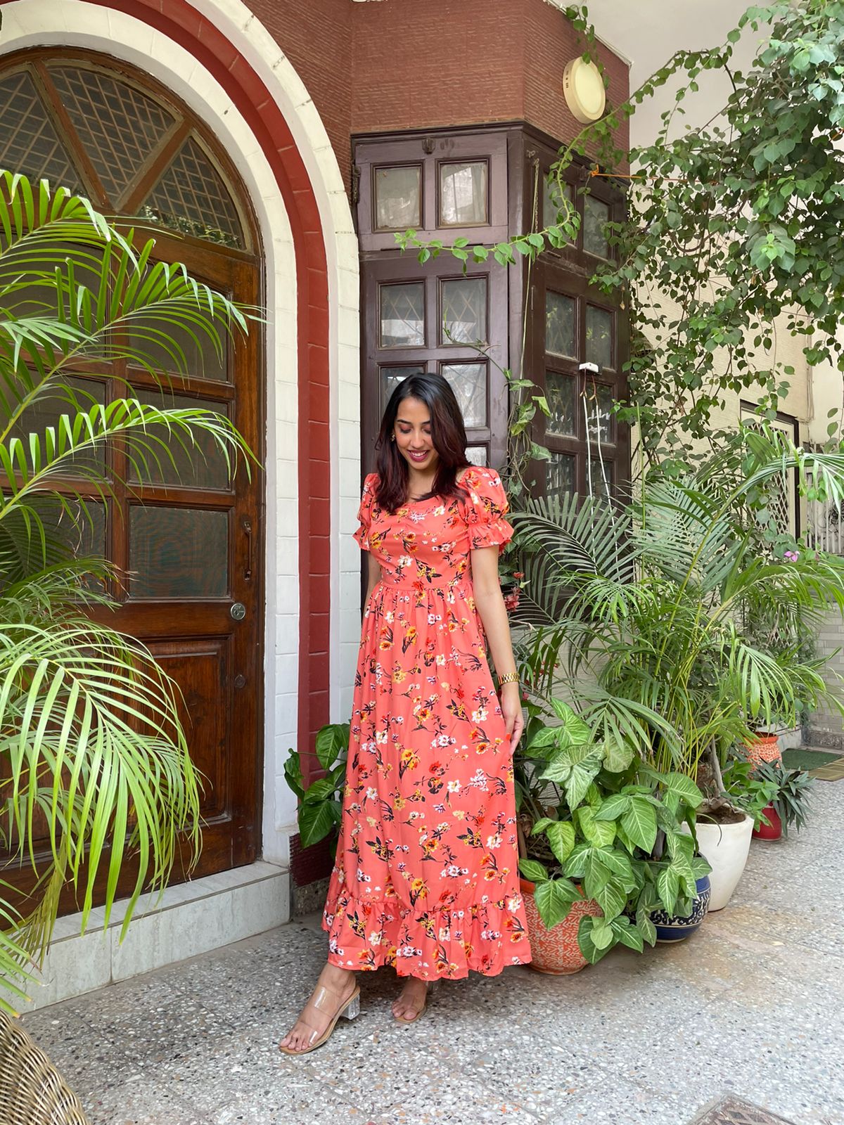 Floral Puffed Maxi Dress- Orange – The Wink Label